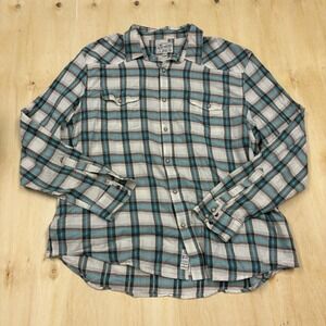 Lucky Brand Shirt Mens 2XL Blue Plaid Long Sleeve Snap Front Western Casual